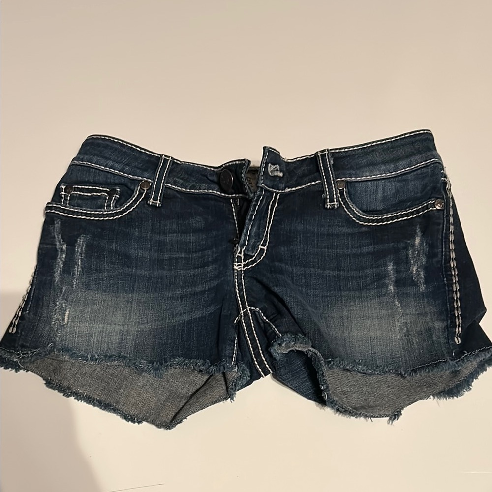 BKE Blue Distressed Jean Shorts with Frayed Hem